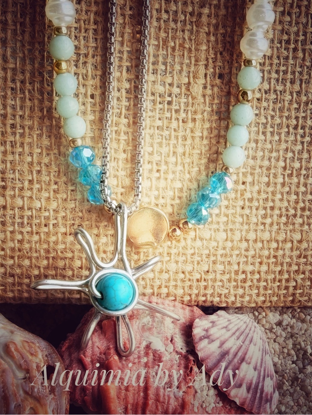 Baroque pearl + aquamarine gold Necklace with Aqua Beads